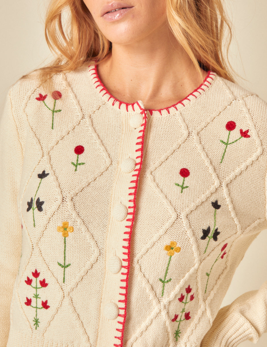 Secondary image ofCream Embroidered Floral Cable Knit Cardigan
